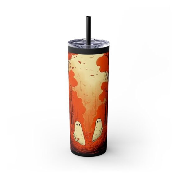 Ghost Couple in Fall Forest Skinny Tumbler with Straw 20oz - Image 7