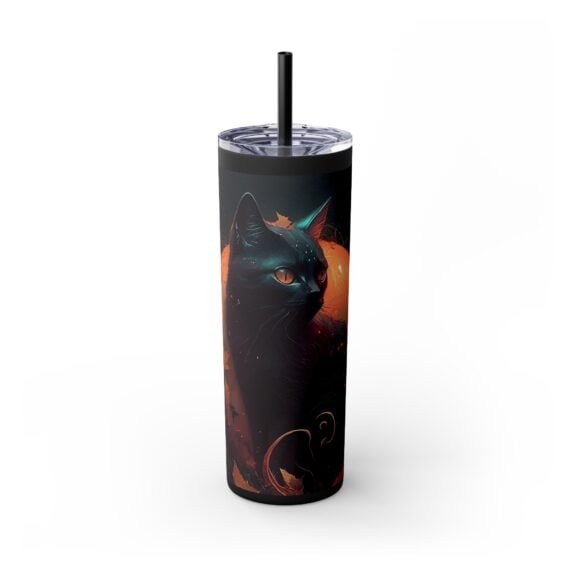 Black Cat Halloween in the Night Skinny Tumbler with Straw 20oz - Image 10