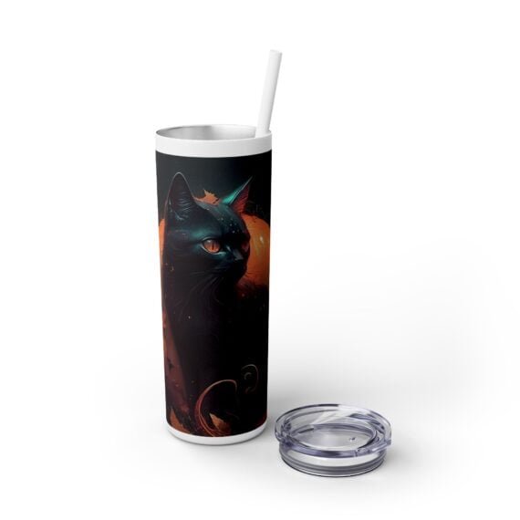 Black Cat Halloween in the Night Skinny Tumbler with Straw 20oz - Image 7