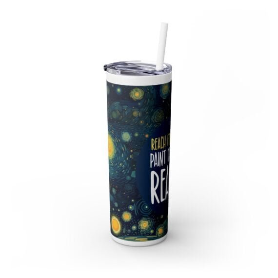 Starry Night Dreams Text Skinny Tumbler with Straw 20oz - Image 2