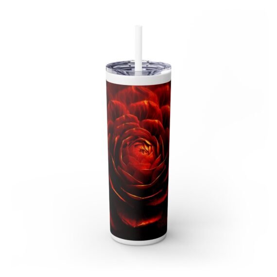 Rose design of a 20oz skinny tumbler with straw