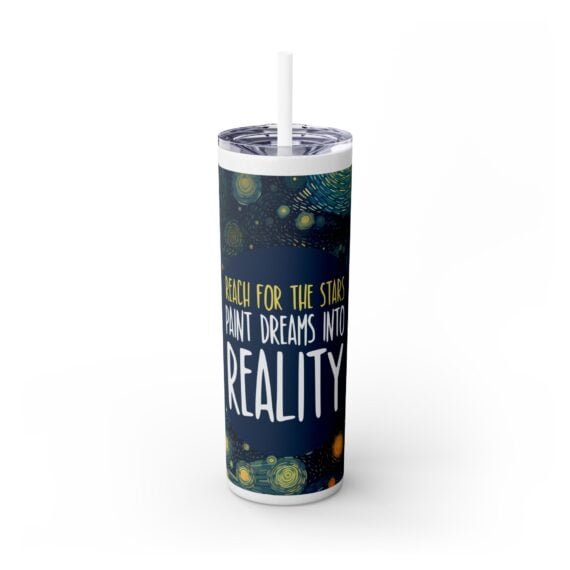 Starry Night Dreams Text Skinny Tumbler with Straw 20oz - Image 3