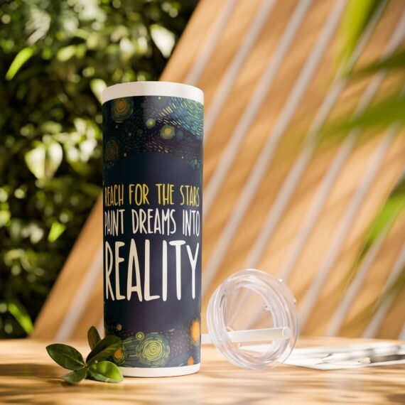 Starry Night Dreams Text Skinny Tumbler with Straw 20oz - Image 7