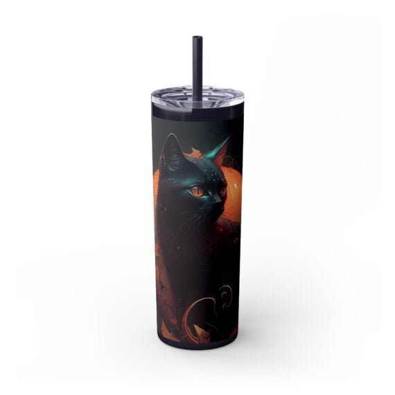 Black Cat Halloween in the Night Skinny Tumbler with Straw 20oz - Image 8