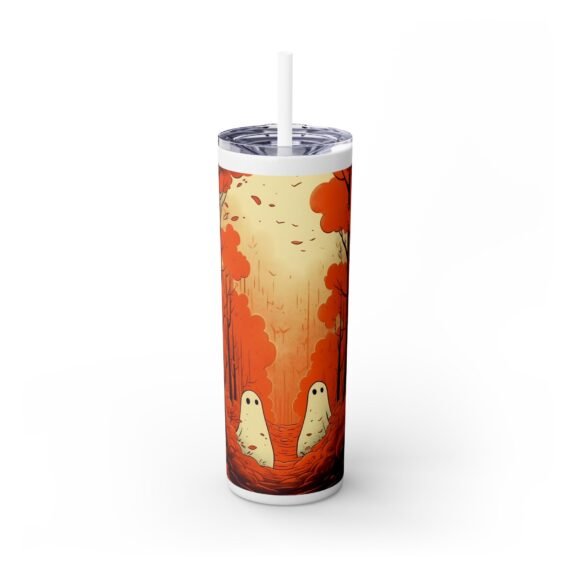 Ghost Couple in Fall Forest Skinny Tumbler with Straw 20oz - Image 2